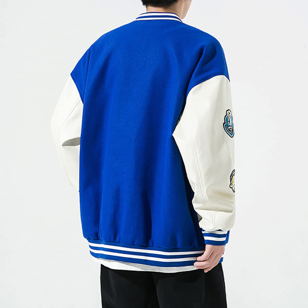 KOSIKINI Varsity Jacket for Men and Loose Cold Plus Size Women, Fit, Embroidered, Weather, Patchwork, Streetwear, (2XL, Blue)