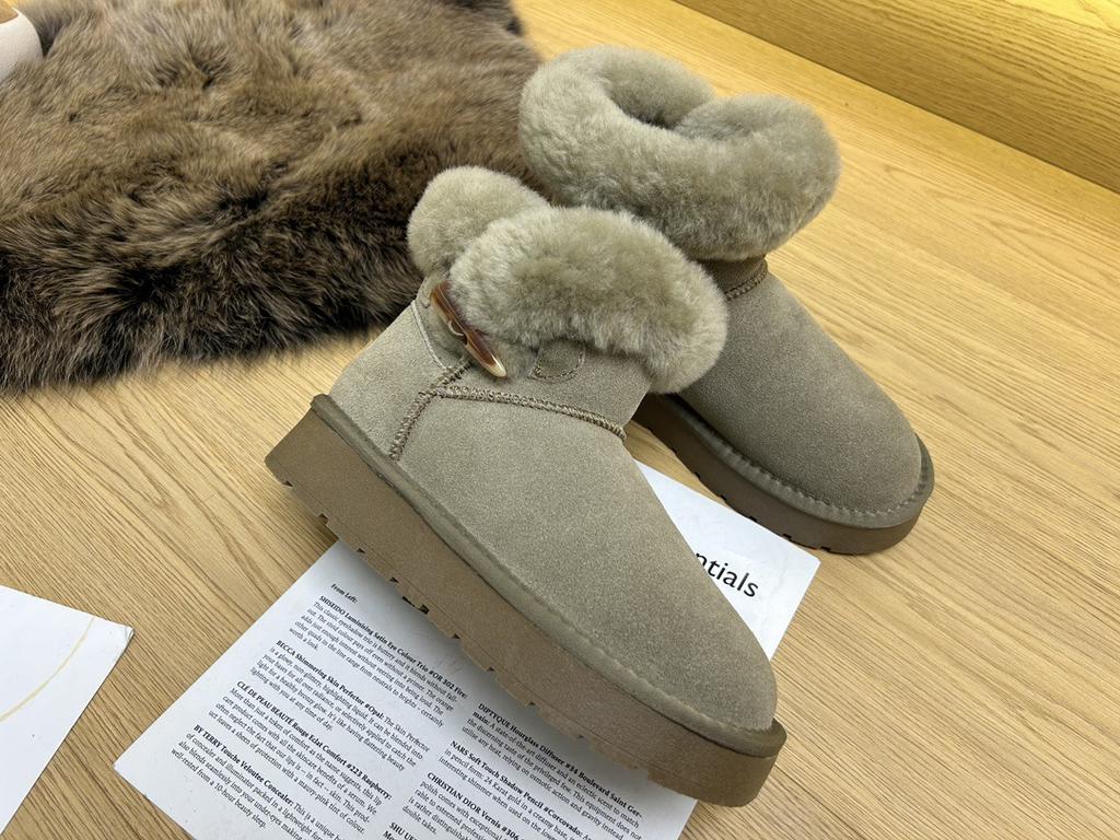 Fur Integrated Snow Boots Women's Short Boots Thick-soled Horn Buckle Women's Boots Autumn and Winter Velvet Warm Cotton Boots Genuine Leather Cotton