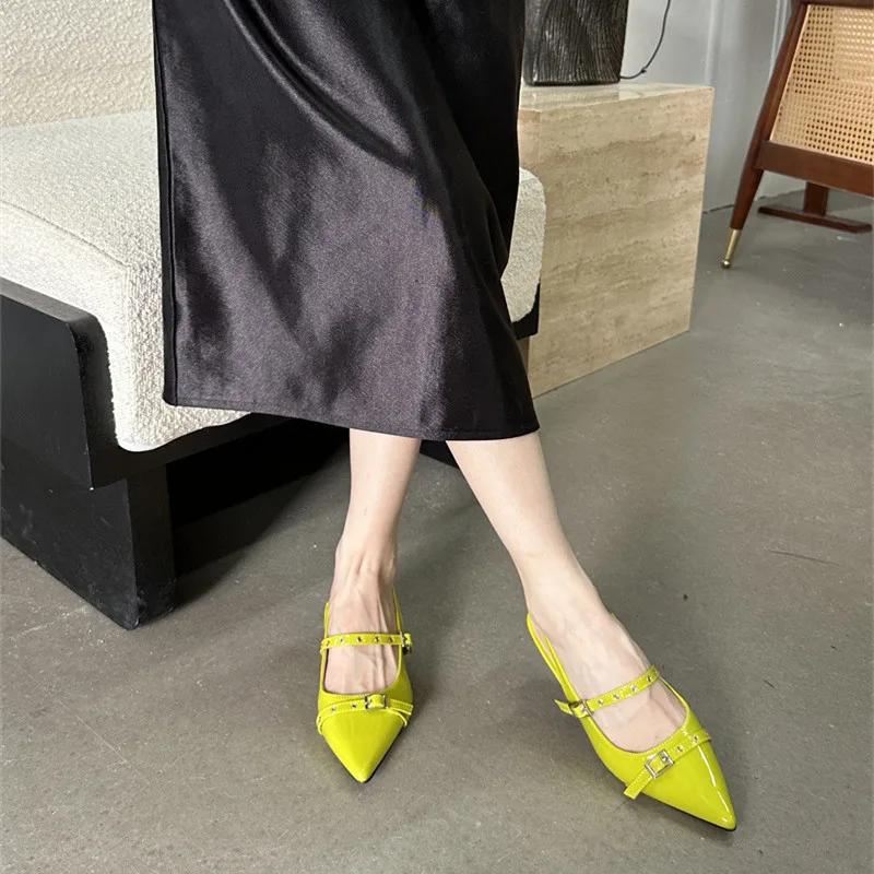 Rivet Metal Belt Buckle Design Low Heel Sandals Women Sexy Pointed Toe Patent Leather Slingbacks Round Heel Women Pumps Mules
