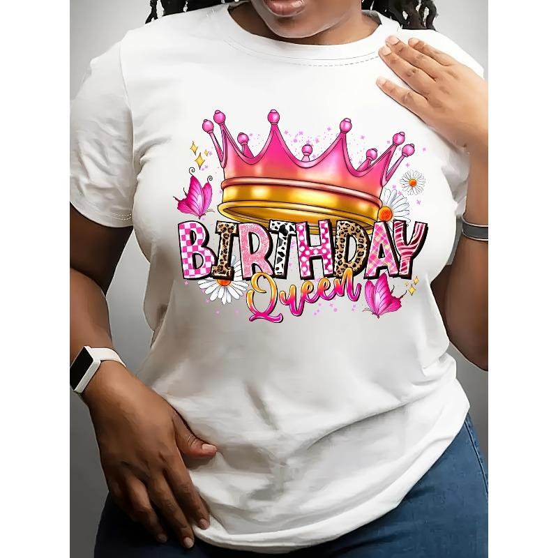 

European Size Birthday Queen Cartoon Printed T-Shirt - Casual Crew Neck, Polyester, Spring/Summer, Regular Length, Knit Fabric, 180 g/m² S белый