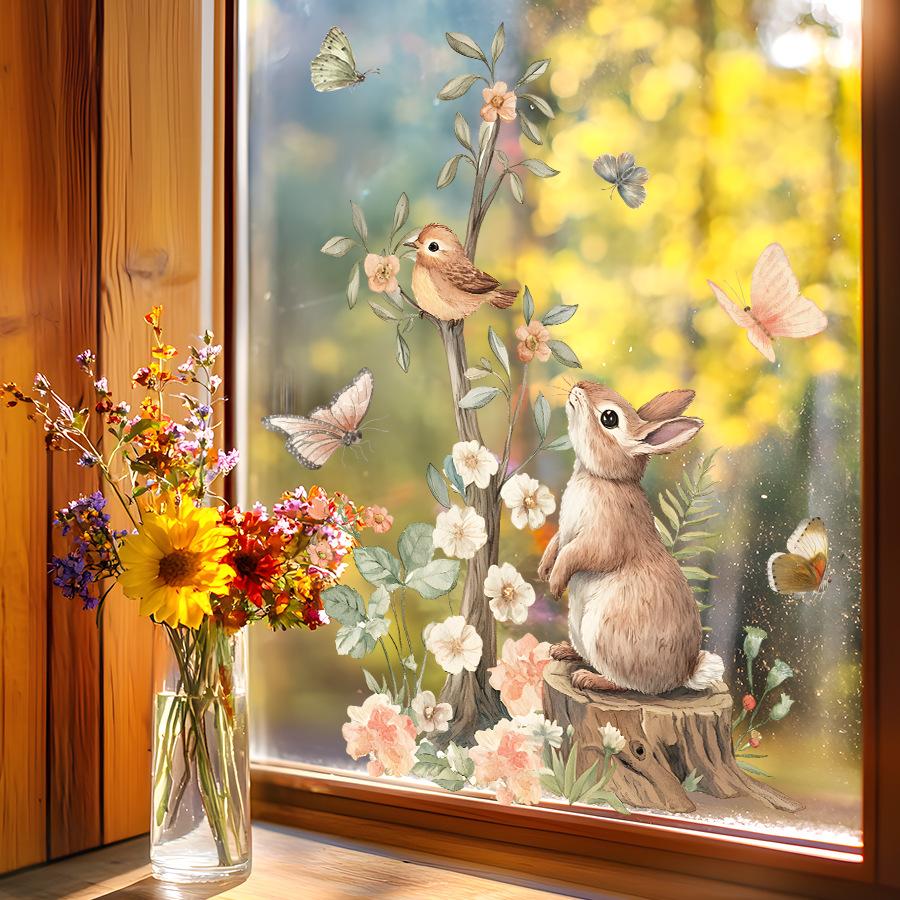 Static Cling Window Sticker Cartoon Rabbit Flower Bird Butterfly Double Sided Visible Glass Home Decor
