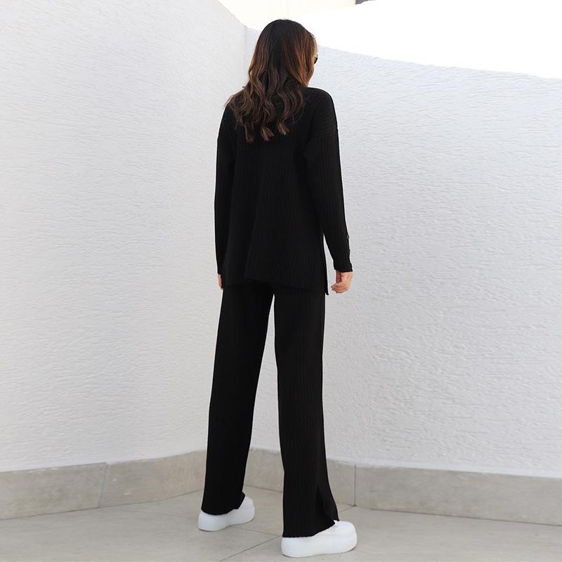 Completo Maglia a Maniche Lunghe Tinta Unita con Collo Mezzo Alto da Donna Completo Due Pezzi