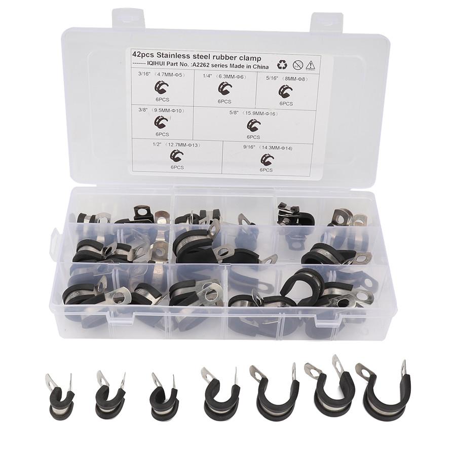 

42×Universal Rubber Cushion Insulated Clamp Stainless Steel Cable Clamps Assortm