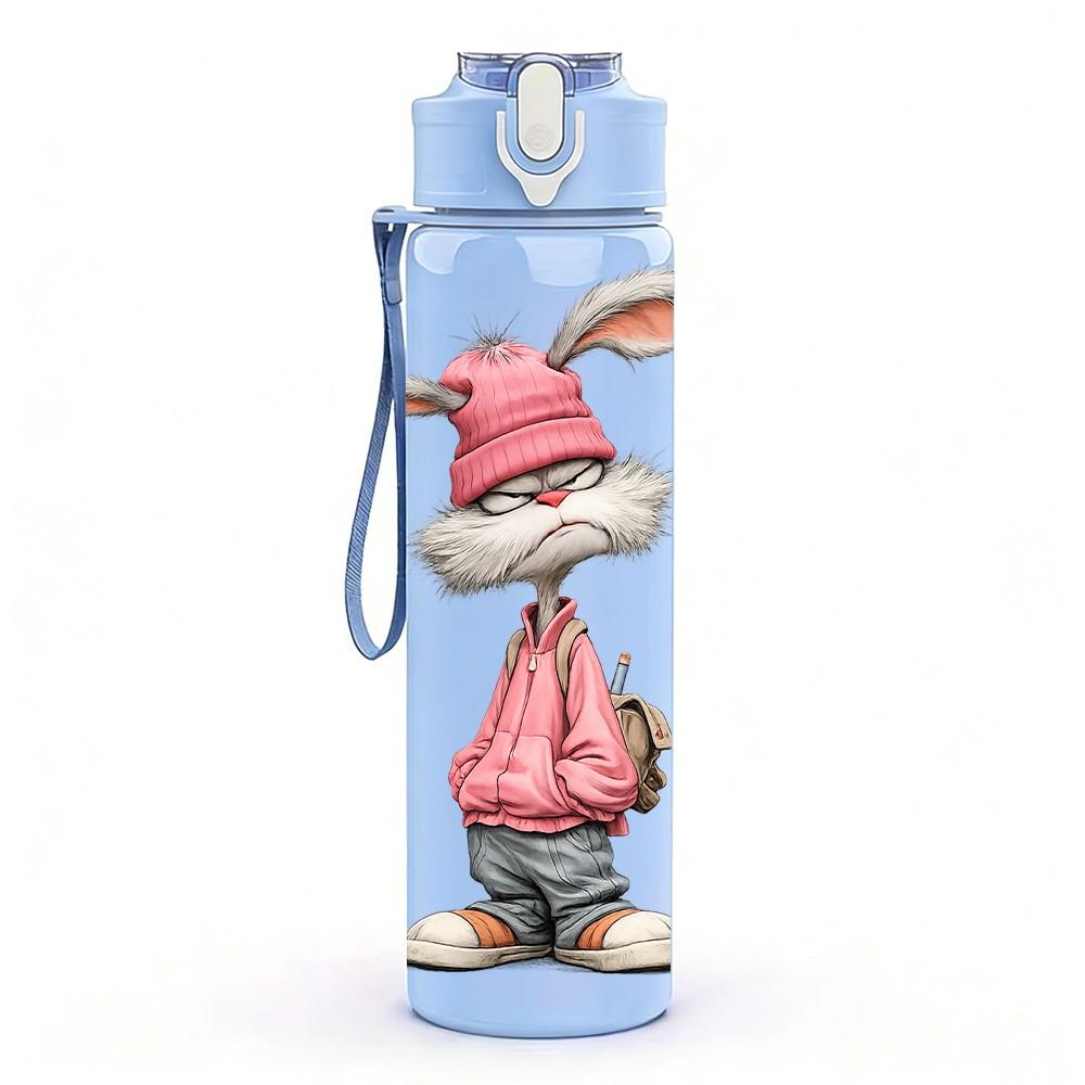 1PC Pink Bunny Rabbit Rag Doll Print 750ml Color Plastic Sports Water Bottle Leakproof Flip Straw Lid Suitable for Sports Office Home Use