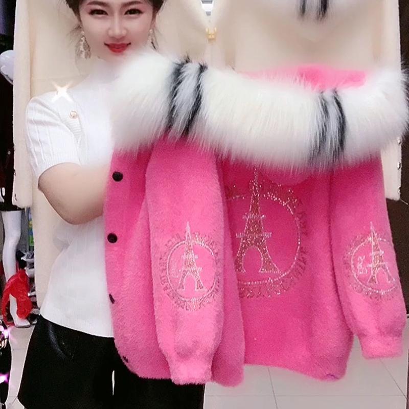 

Осенне-зимнее теплое толстое пальто из искусственного меха норки с капюшоном, женский кардиган с воротником из страз XXXL