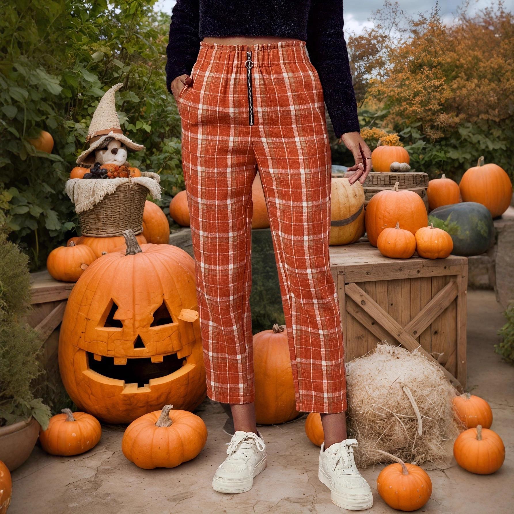 European and American Halloween women s plaid printing diagonal pocket straight pants round zipper decorative casual nine-point pants S