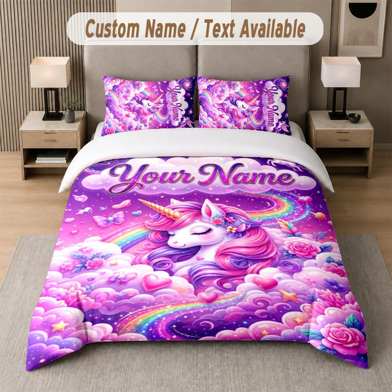 Unicorn Theme Custom Text Or Name 3Pcs Bedding Set 1 Flat Sheet & 2 Pillowcases Personalized Home Bedding