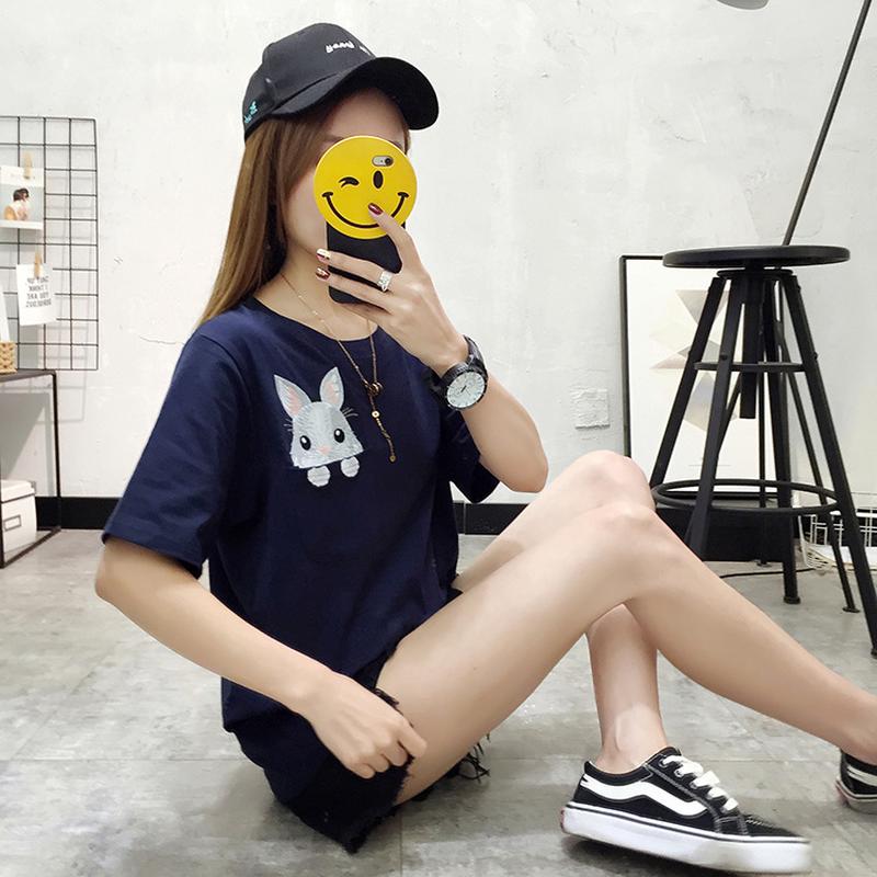 Damen Baumwoll-T-Shirt Mode Cartoon Niedlich Tasche Stickerei Hase Locker Kurzärmliges T-Shirt
