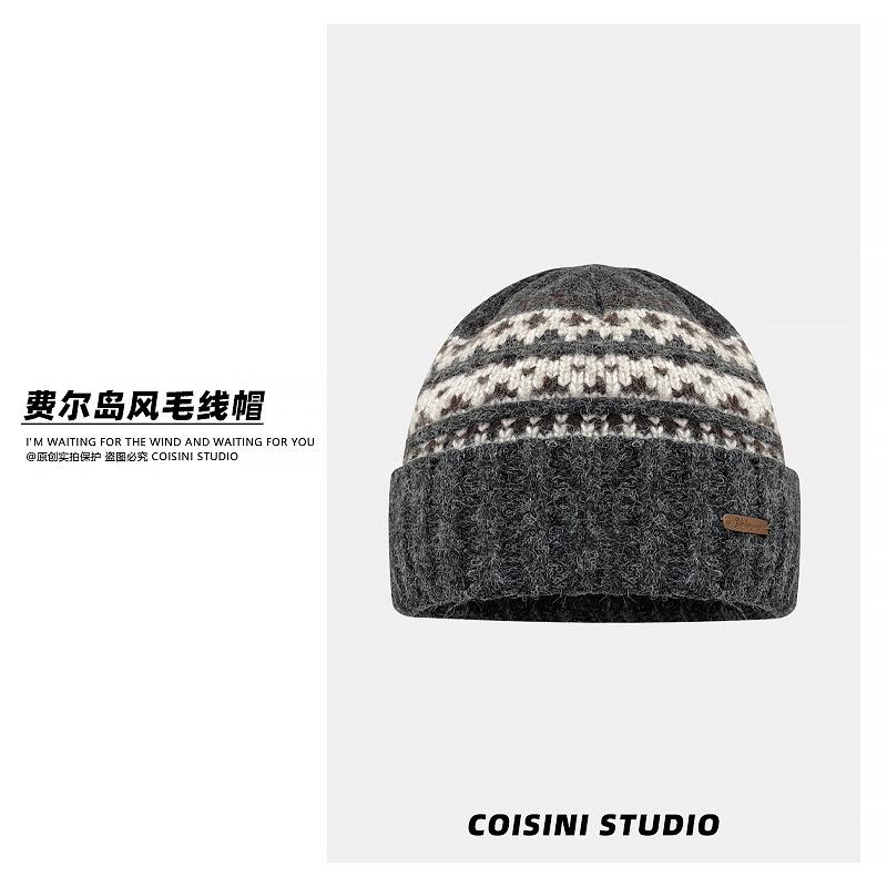 

Fair Island style knitted wool hat, retro jacquard women s prairie travel atmosphere, pullover hat, warm ear protection One size fits all темно-сірий