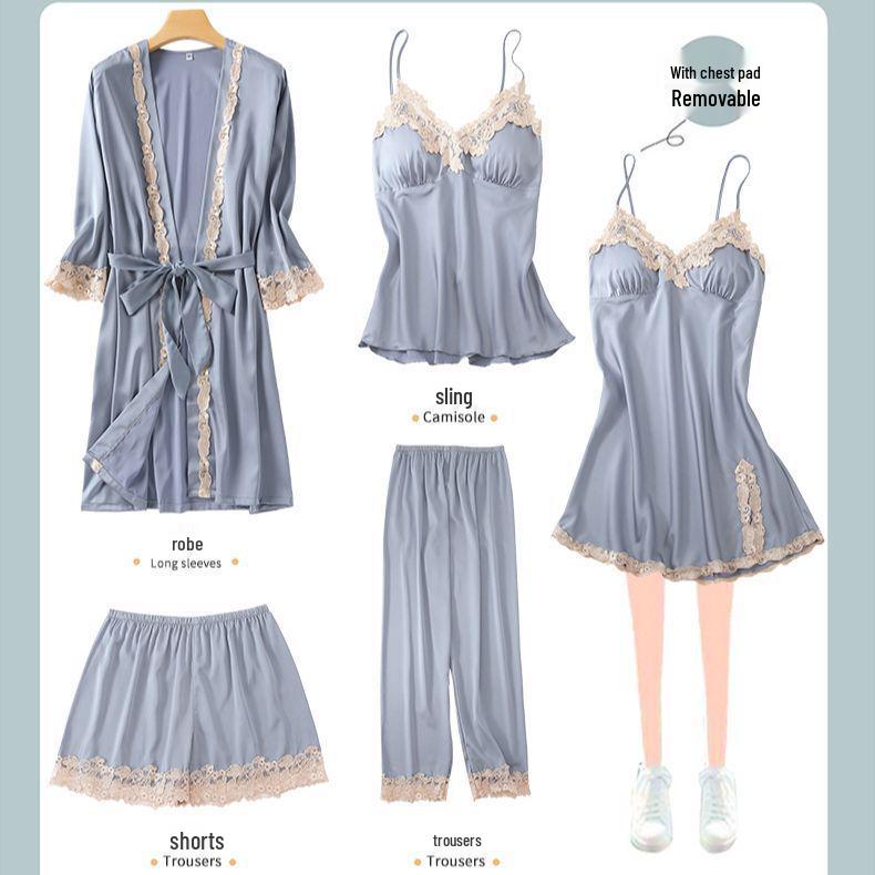Women's Sexy Spring & Autumn Silk Pajamas 5-Piece Set: Thin Summer Ice Silk Nightdress & Robe with Chest Pad.