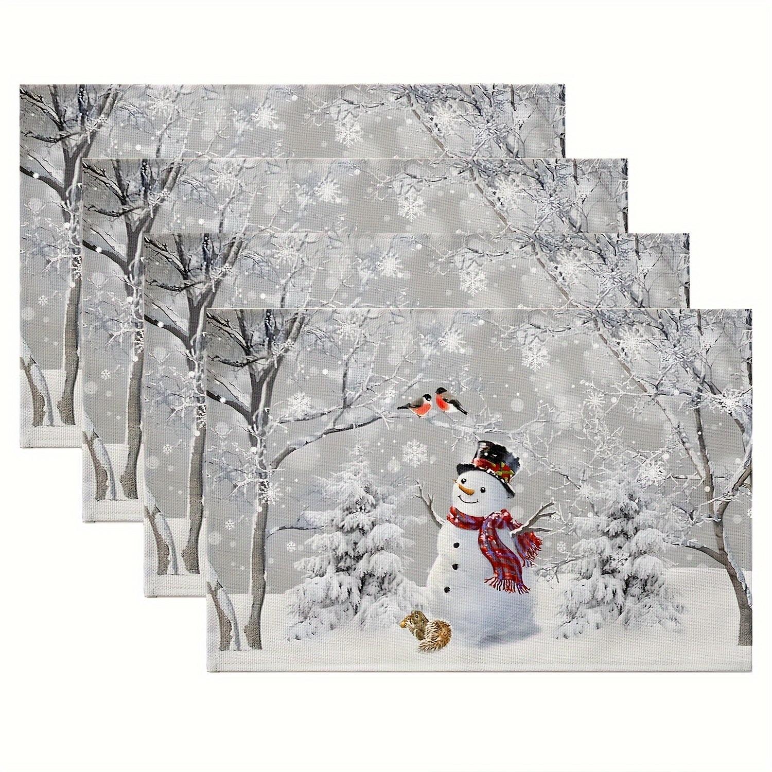 4-Piece Winter Solstice Snowman Squirrel Placemats Snowy Winter Solstice Gathering Christmas Party Family Table Decor 4PCS
