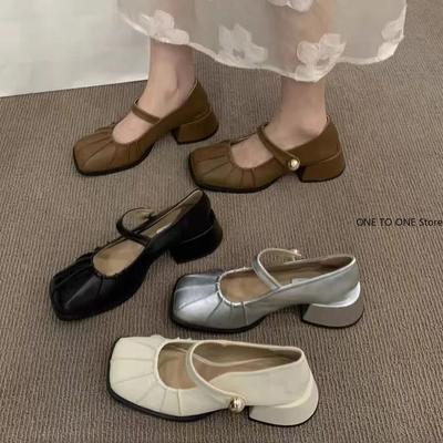 2024 Herbst Neu Damenmode Eckige Zehen Geschlossene Zehen Knöchelriemen Pantoletten Damen Elegant Mary Jane Ballerinas Mittelhoch Absatz Kleid Pumps