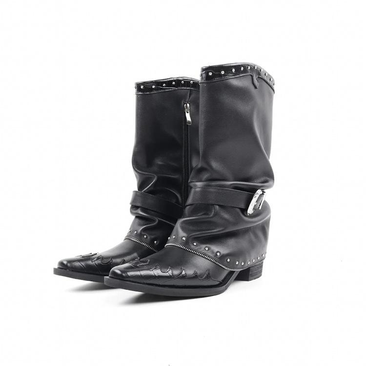 

Flame pattern design knight boots 2025 pointed thick heel Martin boots rivet chain design stacking boots 42 чёрный