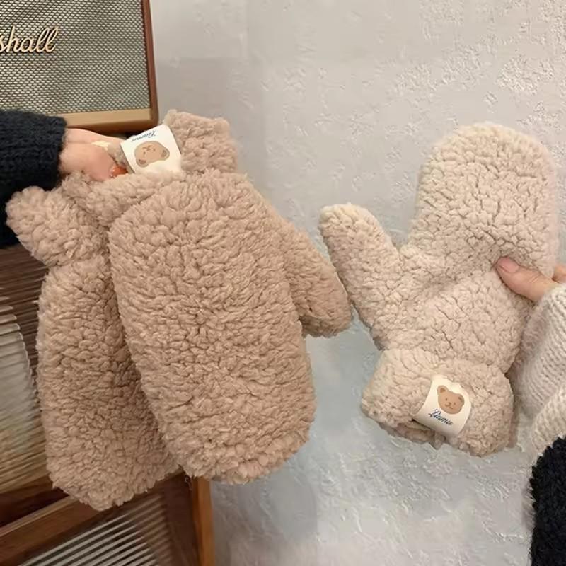 Kawaii Gants Chauds en Peluche Doux Hiver Épais Sans Doigts Coréens Japonais Gants Ours avec Cordons Mitaines Décontractées d'Extérieur pour l'Équitation Chaud