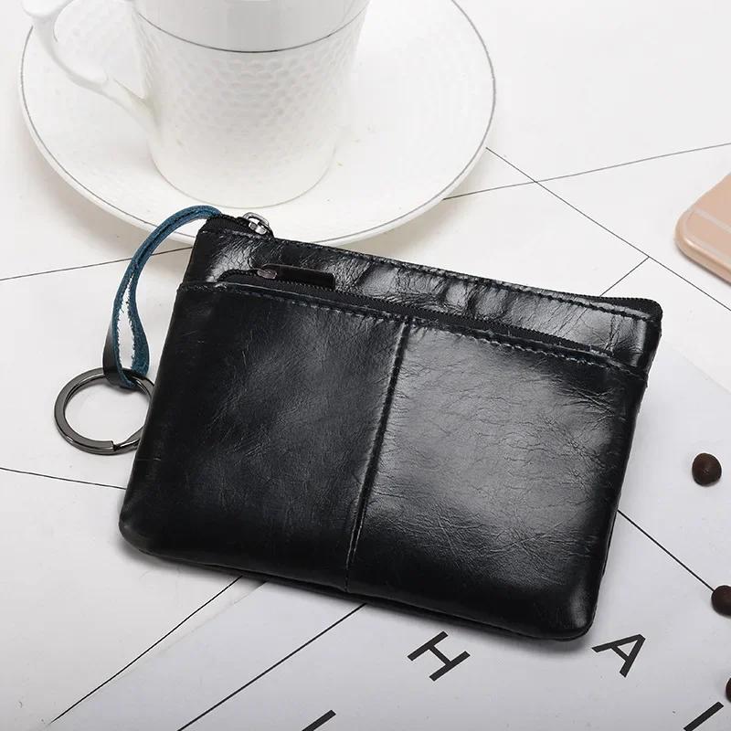 Vintage Genuine Leather Coin Purse Card Holder Mini Bag Retro Solid Color Zipper Clutch Wallet Key Holder for Men Women