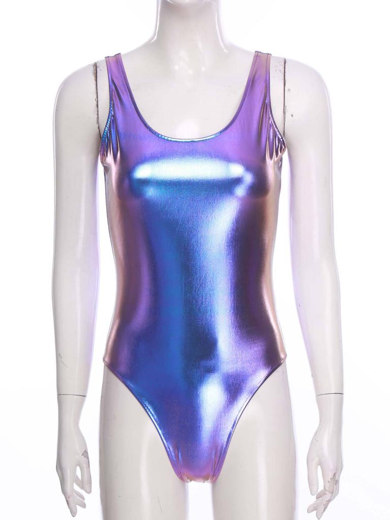 Dámské lesklé metalické body bez rukávů S-3XL - Taneční jógové gymnastické trikotové body Jumpsuit pro pódiové vystoupení Rave kostým