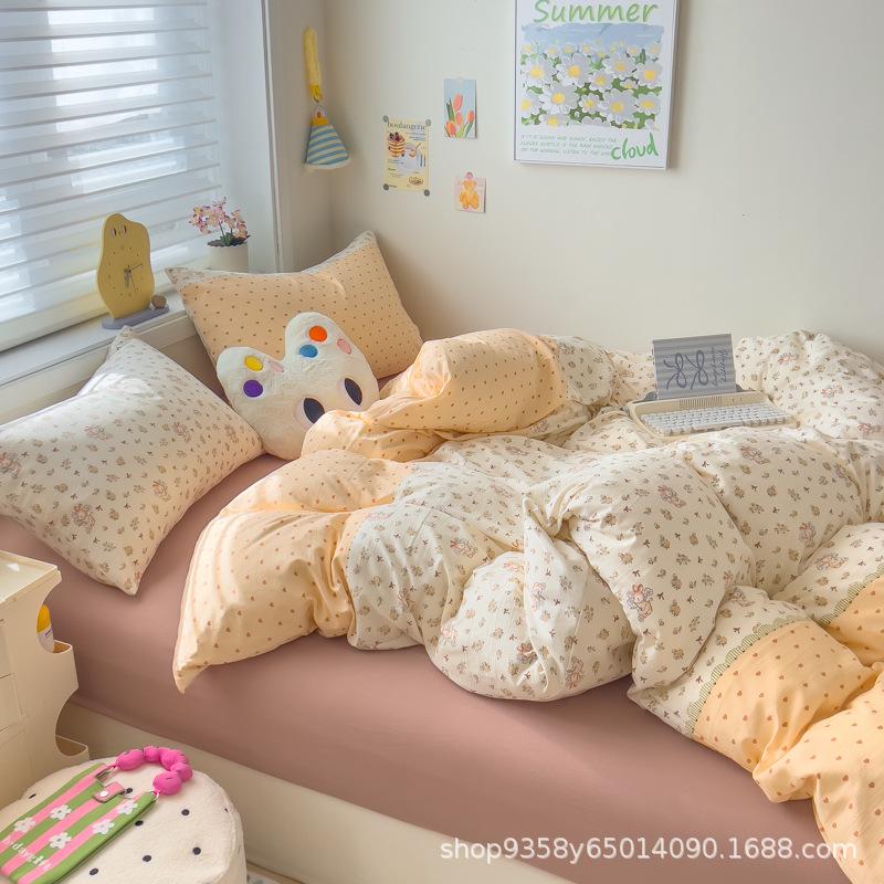 Class A Maternal and Infant Grade Knitted Cotton Double-layer Yarn 4pcs Set, Super Soft Washed Cotton Quilt Cover, Student Dormitory 3pcs Set