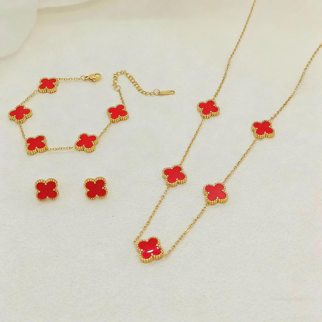 Set de Joyería de Acero de Titanio Madreperla Doble Cara Trébol de Cuatro Hojas con Pulsera, Collar y Pendientes