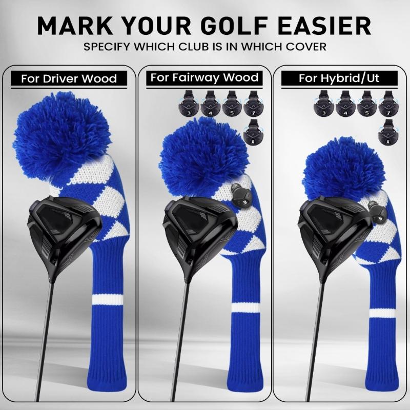 3Pcs Knitted Golfing Club Head Covers Knitted Golfing Driver Headcover Golfing Wood Head Covers Golfing Club Accessories