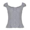 V-neck Button Sweet and Cute French Wooden Ear Puff Sleeve T-shirt Women