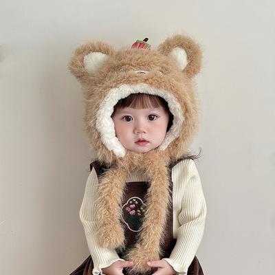 Korean Cute Cute Little Bear Hat Warm and Thickened Hat  Scarf  All In One Hat for Boys and Girls  Baby Ear Protection Plush Hat