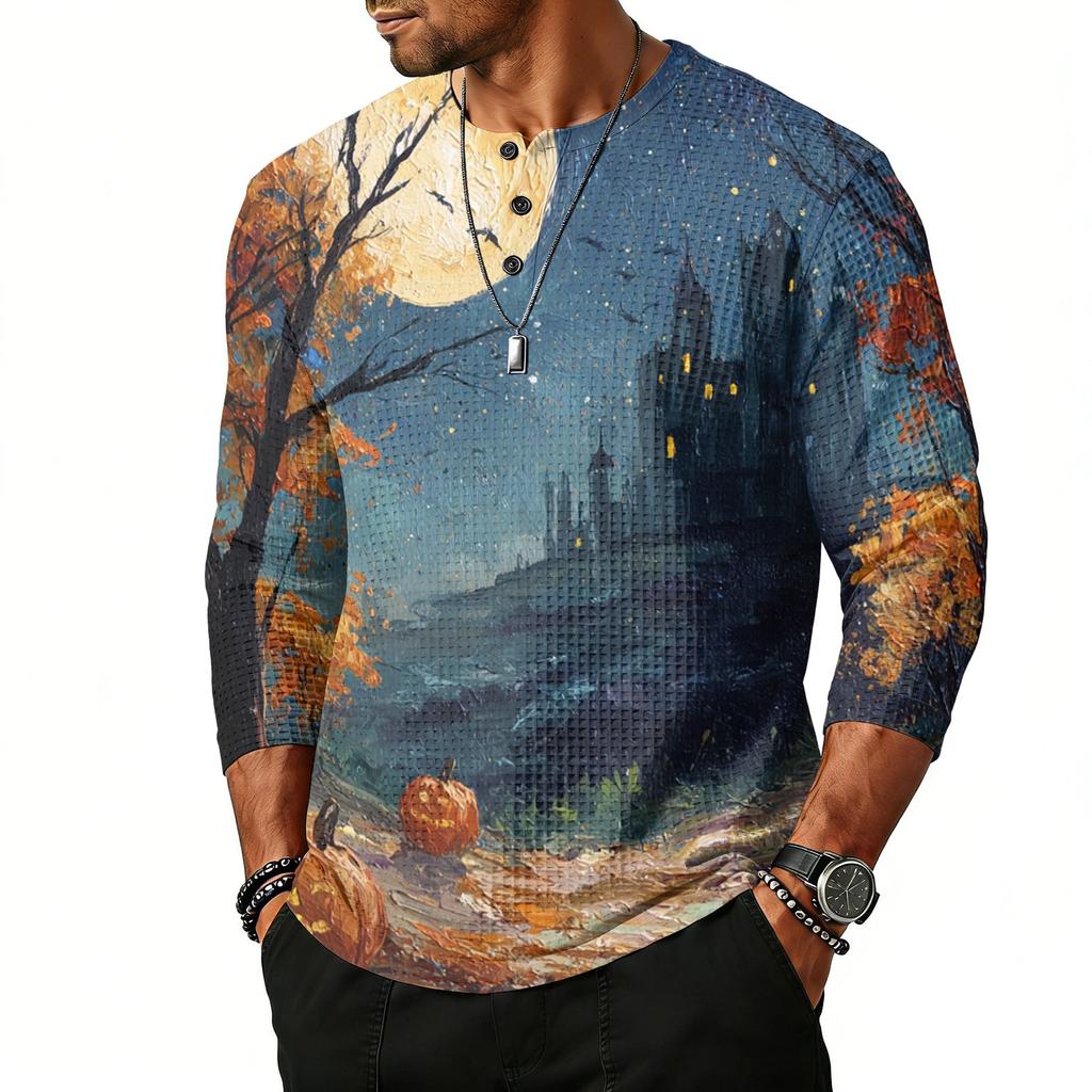 Men's Casual Halloween Printed Crew Neck Shoulder Three Quarter Sleeve Top with Button and Bat Pattern