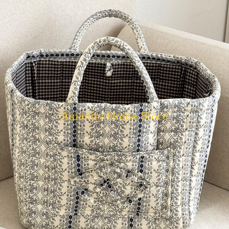 F26C Floral Pattern Quilted Cotton Storage Basket Foldable Lightweight with Handles for Home Laundry Toy Organization