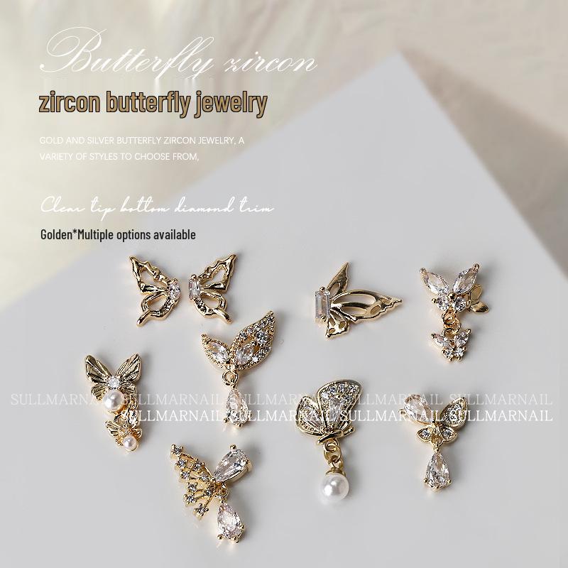 Butterfly Zircon Nail Art Jewelry: Pearl, Ribbon, Gold & Silver Pendant