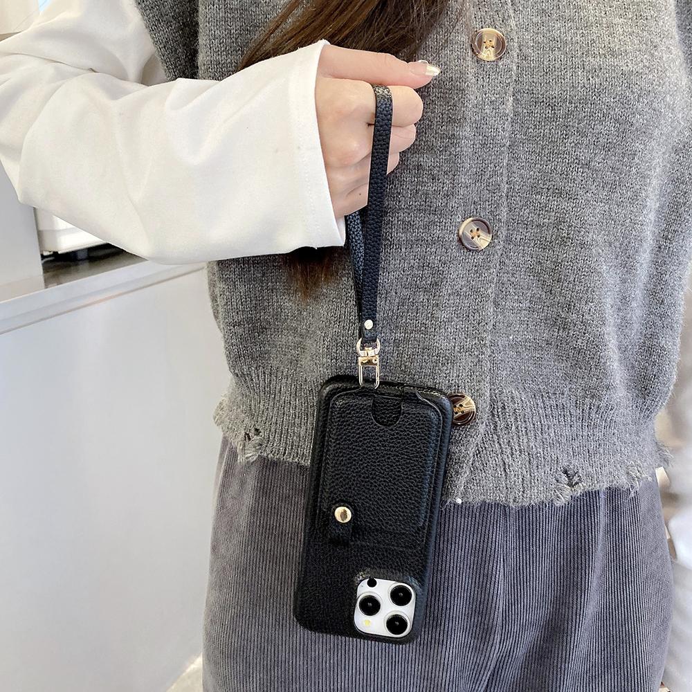 Für iPhone 15 Pro Hülle Multifunktionale Kartenfächer Leder Rückseite mit Handschlaufe