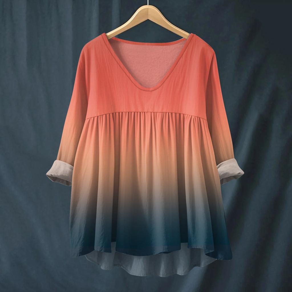 Women's Fashionable And Casual Shirt Long-sleeved V-neck Print Cotton And Linen Blouse