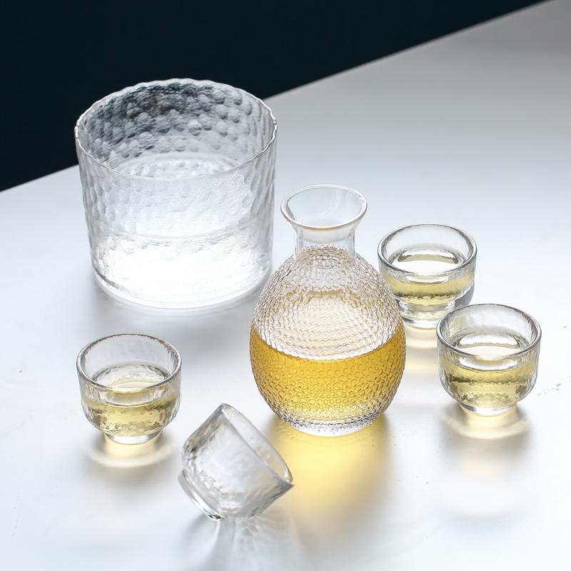 Japanese Sake Jug Set Glass Wine Set Household White Wine Cup Hammer Pattern Cup Yellow Wine Warmer Hot Wine Jug Wine Dispenser