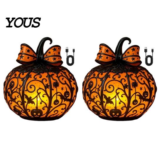 Warmes Nachtlicht 1/2 Stück Halloween Schleife Kürbislicht, Buntglas Schreibtischlampe, Gruselige Jack-o'-Lantern Nachtdekoration für Zuhause Büro Harzlichter