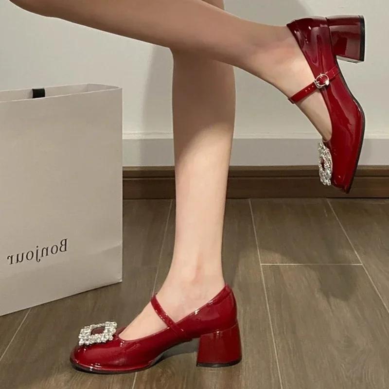 Móda 2024 Módní boty pro ženy S přezkou Dámské lodičky Podzim Mary Jane Čtvercová špička Kamínky Jednobarevné Šaty Robustní podpatky Mělké boty