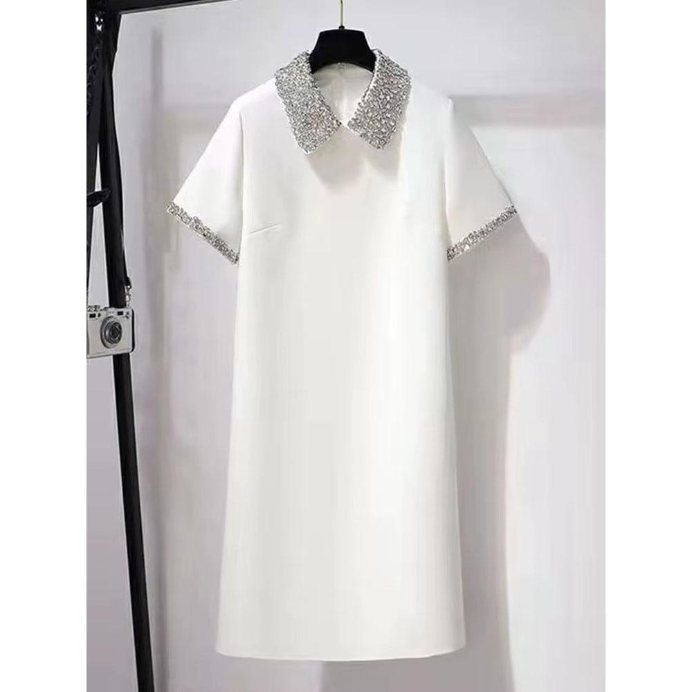 

Летнее шикарное сверкающее платье с бриллиантами, расшитое бисером, платье-рубашка с коротким рукавом, модное офисное женское платье-футболка, мини-платье для женщин L белый