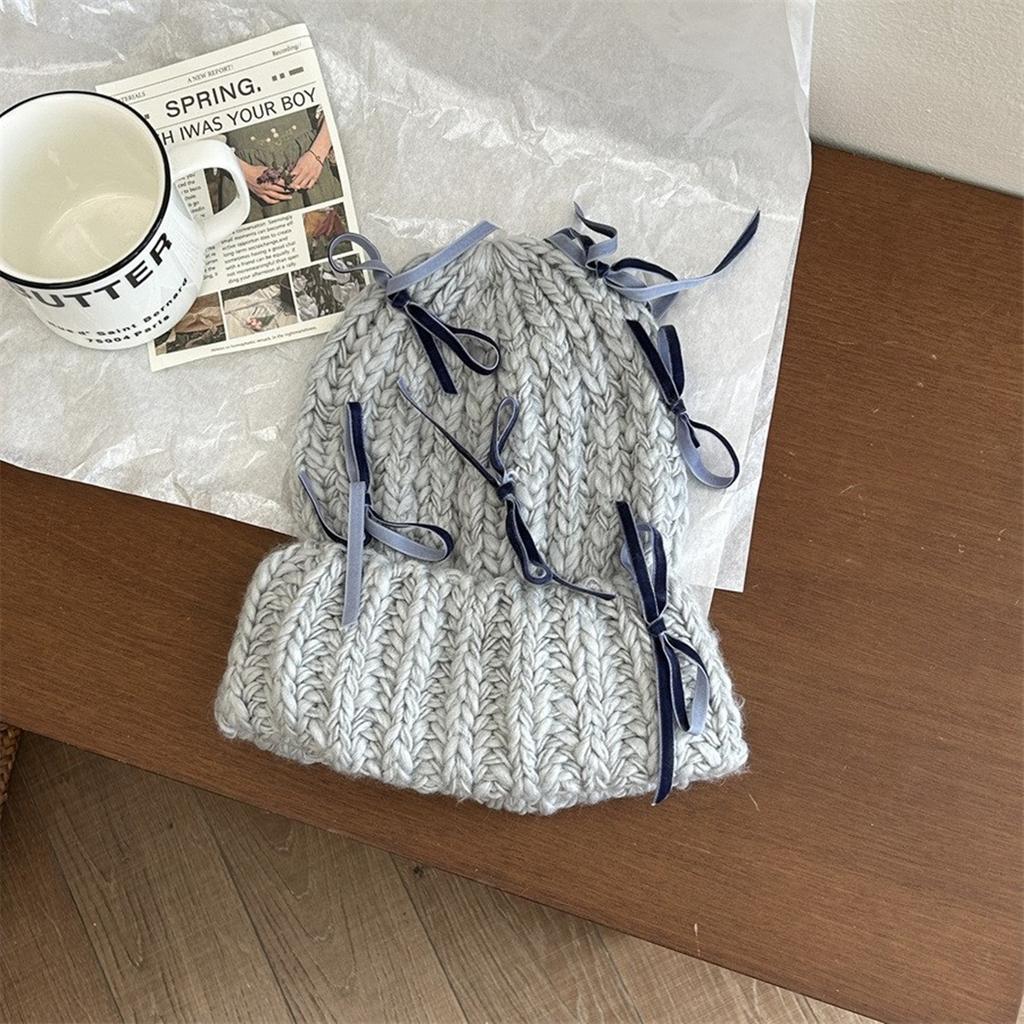 Delicate Velvet Bowknot Beanie Adult Elastic Hat Winter Warmer Knitted Hat Cold Winter Presents for Students Teenagers