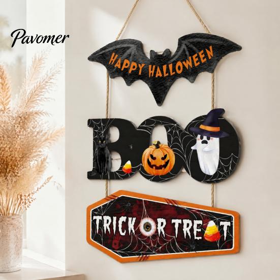 Seasonal Wall Hanging Plaque Happy Halloween Wooden Sign, Cute Bat Ghost Pumpkin Boo Door Hanger, Trick Indoor Holiday Hanger or Treat Sign for Party,