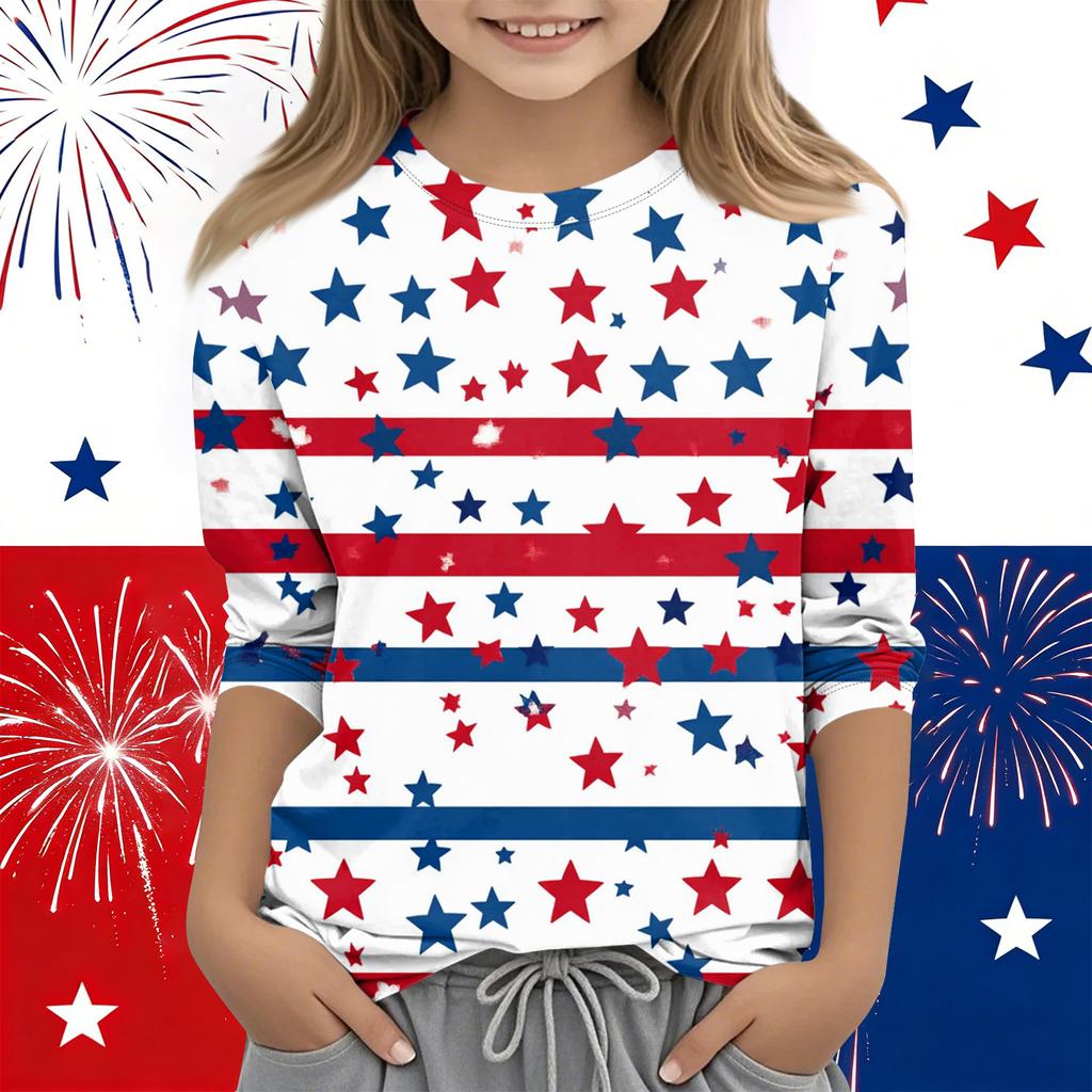 Print Tops For Youth Girls Round Neck 3/4 Sleeves T-Shirts Trendy Tops Outfit Tees Independence Day