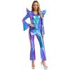 S-3XL Women‘s Disco Jumpsuit Halloween Costume: Shiny Metallic Long Sleeve High Waist Romper with Bell Bottoms & Front Zip