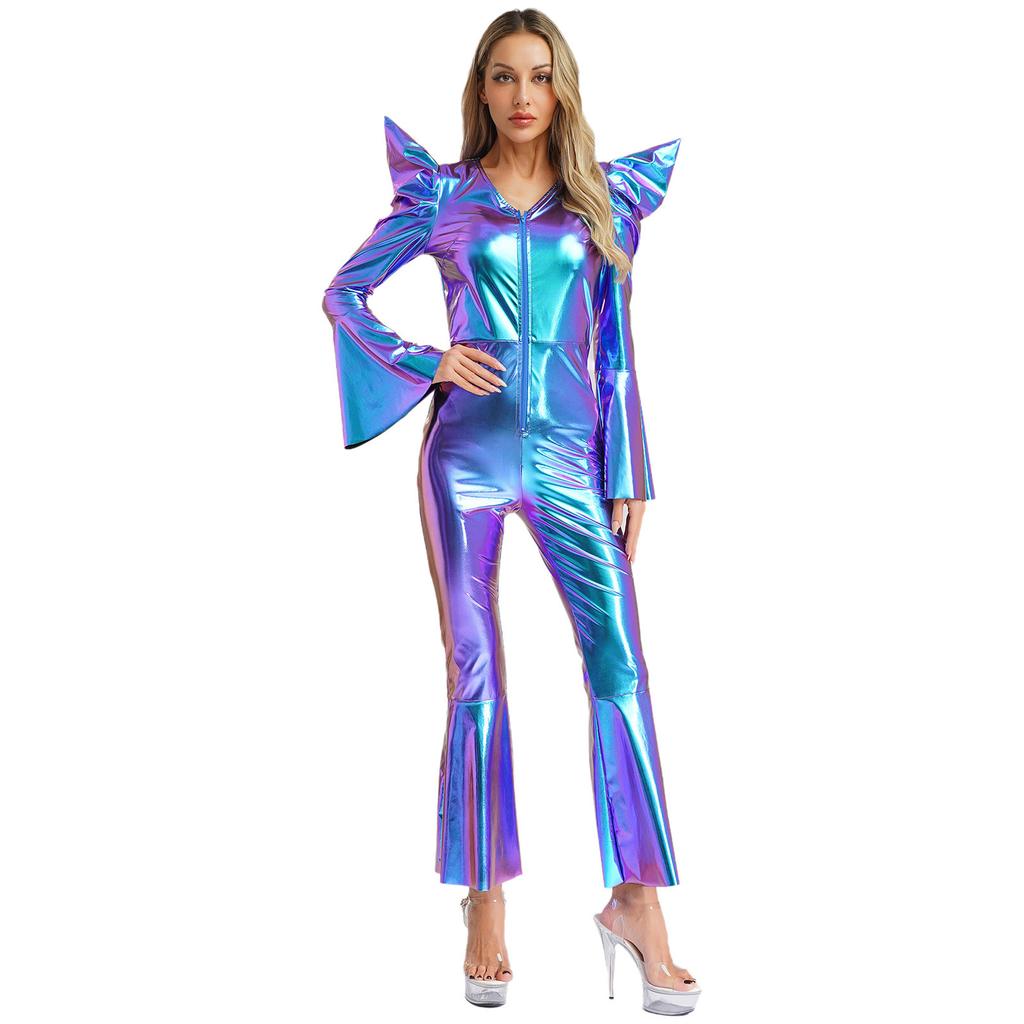 S-3XL Women‘s Disco Jumpsuit Halloween Costume: Shiny Metallic Long Sleeve High Waist Romper with Bell Bottoms & Front Zip