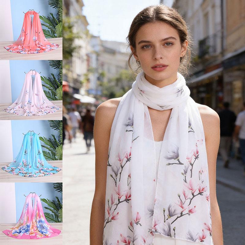 1pc Chiffon Scarf 150*50cm Print Floral Multi-style Women Sunscreen Long Shawl