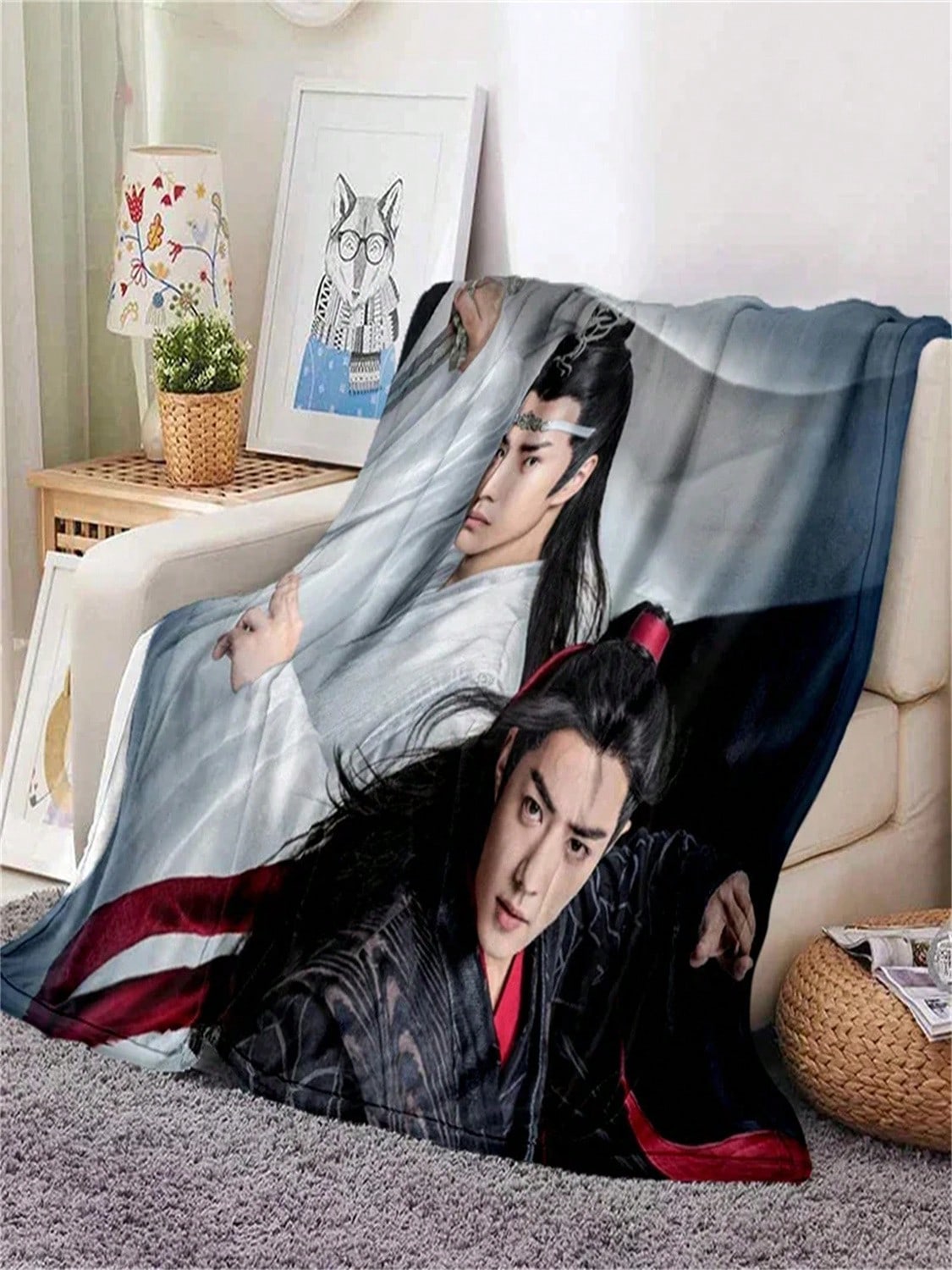 Drama The Untamed Xiao Zhan Wang Yi Bo Soft Throw Blanket Throw Blanket Soft Cartoon Printed Bedspread Bedspread Sofa Gift#Color_3,Size_150X220CM 75X95CM