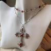 Double-layer Silver Gothic Cross Necklace for Women Gothic Jewelry Statement Necklace Red Gem Cross Pendant Choker Gifts