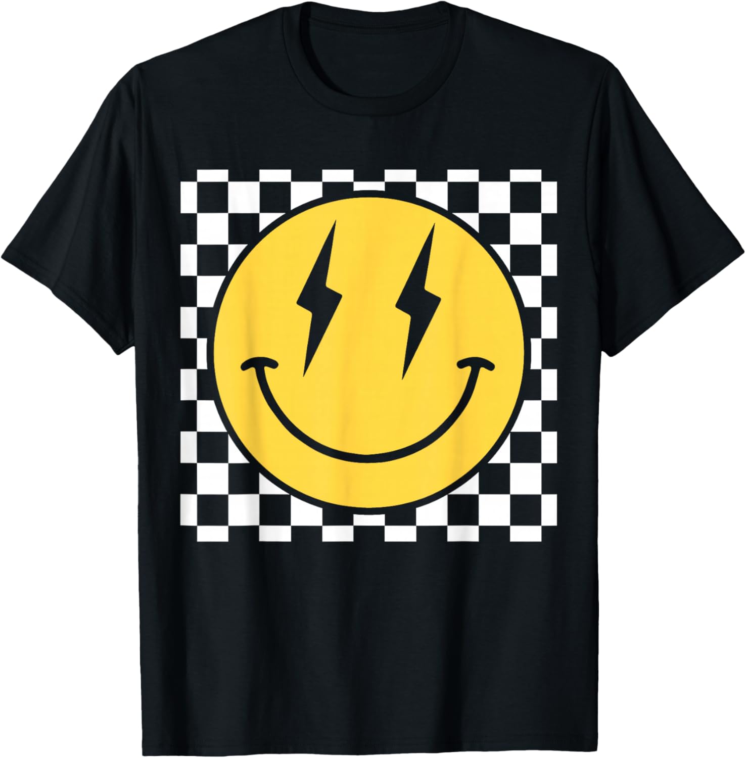 Retro Happy Face Distressed Checkered Pattern Smile Face T-Shirt S