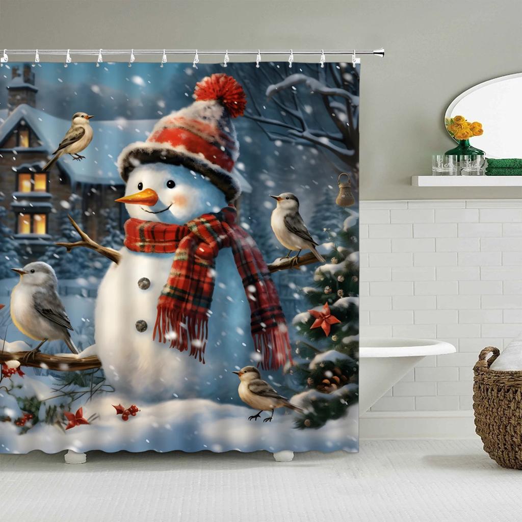 Unframed Christmas Shower Curtain Winter Snowman Snowflake Christmas Tree Red Truck Bell Red Bird Colorful Christmas Ball Bathro
