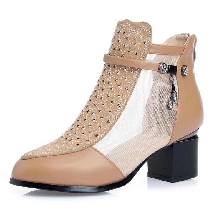 Fashion FHC New Cowhide Genuine Leather Sandals Boots,Women Mesh Shoes,Summer Heels,Pointed toe,Back Zip,Hollow Out,Dropship,Black,Beige