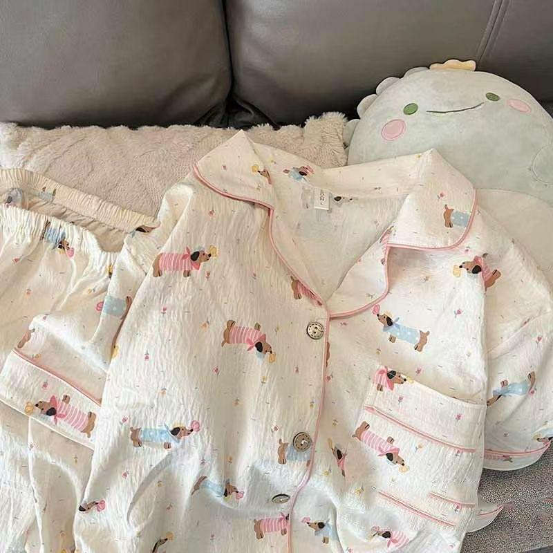 

Fashion Featured Cute Cartoon Pink Edge Dachshund Pajamas Women s Summer New Beautiful Girl Loungewear Suit S [recommended weight 40-47.5kg]