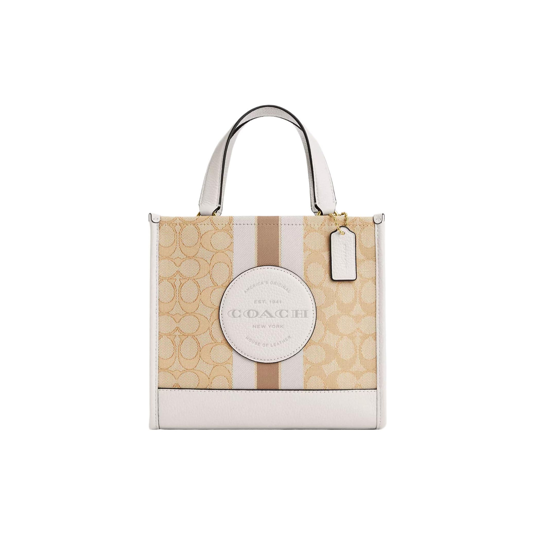 

Coach Dempsey 22 Monogram Stripe Logo Decorated Fabric And Leather Tote Bag Women Tote Bags Gold Light-Khaki CQ878-IMDQC Basic Set (Bag+Dust Bag)