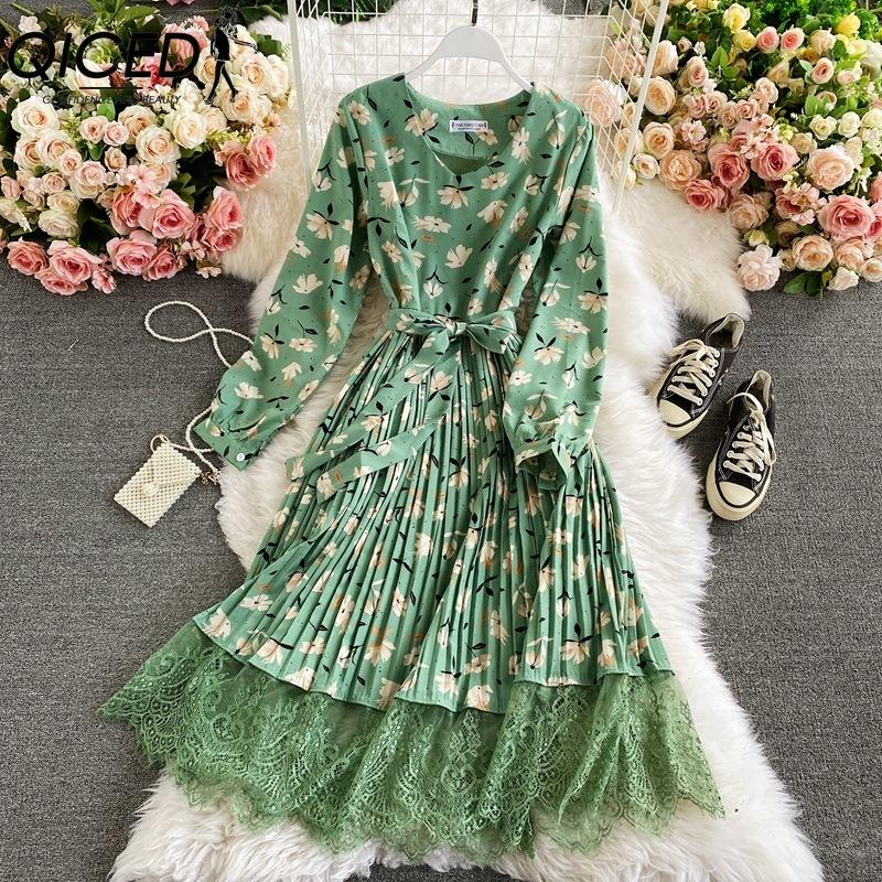 QICED 10 Color Retro Floral V-Neck Halter Waist Lace Dress Colored Fashion Long Dresses