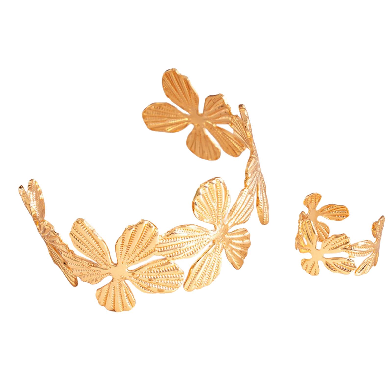 

2Pcs Adjustable Flower Bracelet and Matching Rings Set Sturdy Metal Jewelry Gifts