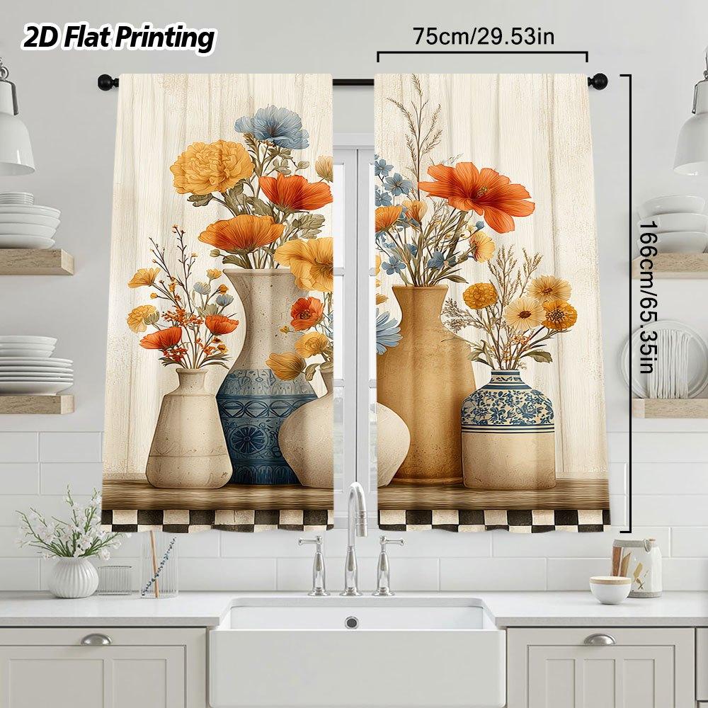 2PCS Vintage Curtains, Vase Floral Oil Painting, Digital Print, Bedroom Living Room, Office, Kitchen, Window Treatment